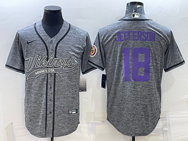 Men's Minnesota Vikings #18 Justin Jefferson Grey With Patch Cool Base Stitched Baseball Jersey
